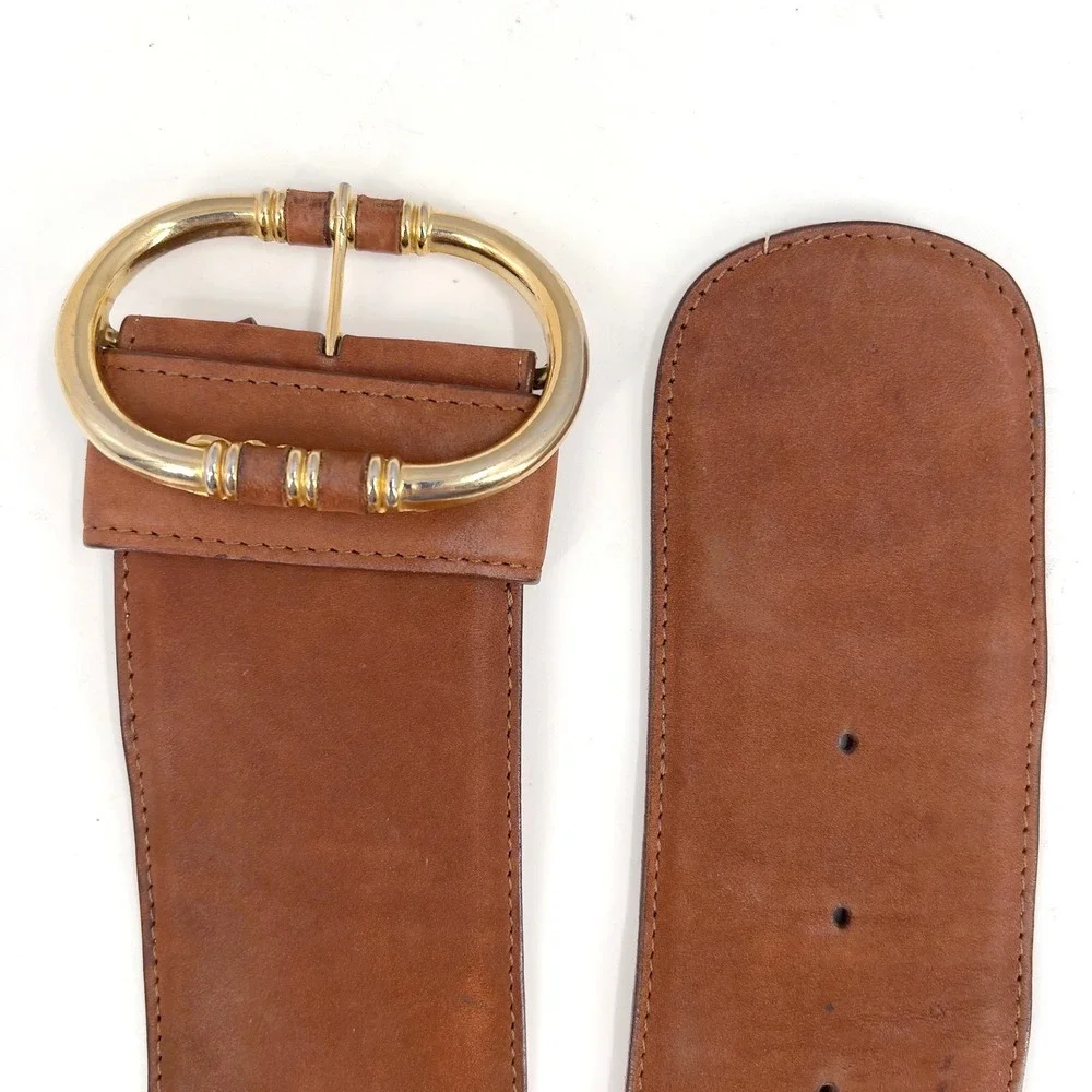 Vintage 80s Womens Wide Brown Nobuck Leather Waist Belt Ornate Gold Buckle M